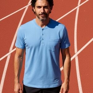 Men's Jersey Henley Golf Shirt Front Pocket Blue Size Medium Collarless NWT